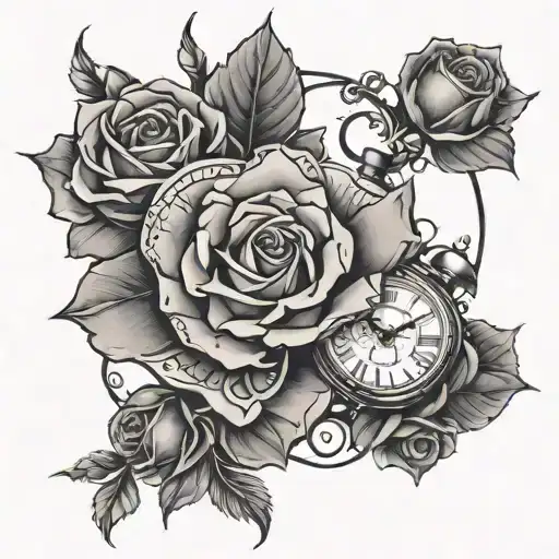 Thorny Rose Wraped Around The Forearm With Clocks Sticking Out From The Sides