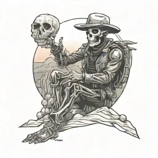 Dead Skeleton Space Cowboy Sitting Against An Alien Catcus In A Foreign Desert Lanscape At Sunset