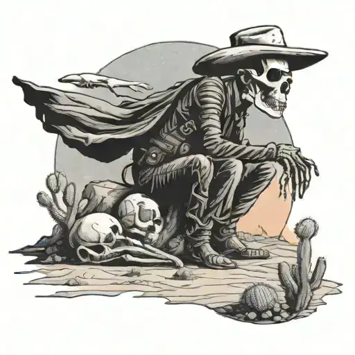 Dead Skeleton Space Cowboy Sitting Against An Alien Catcus In A Foreign Desert Lanscape At Sunset