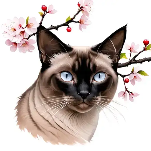 Siamese Cat And Cherry Blossom Branches