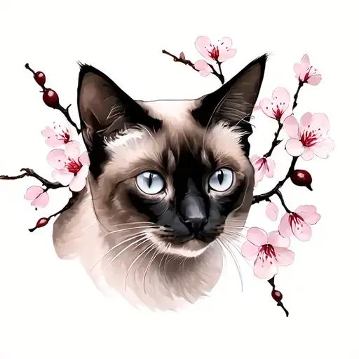 Minimalist Siamese Cat And Cherry Blossom Flowers