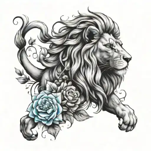 Lion With Light Blue Eyes And Flowers Intertwined With The Mane