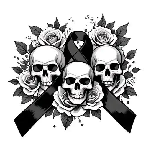 Skulls And Roses On A Cancer Ribbon