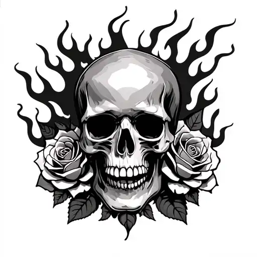 Skull And Roses With Flames