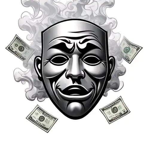 Sad Happy Mask Surrounded By Smoke With Cash Money And Details Throughout
