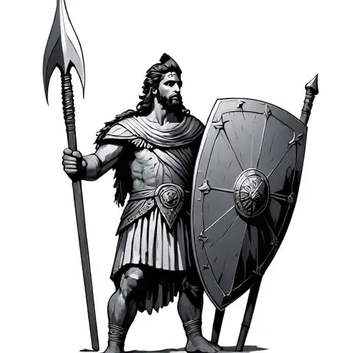 Standing Greek Warrior Looking To The Left And Holding A Lance And A Shield