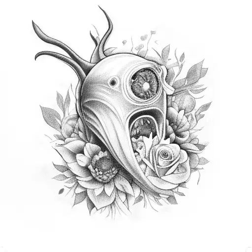 A Black-grey Tattoo Of An Alien Creature Holding A Bouquet Of Cosmic Flowers