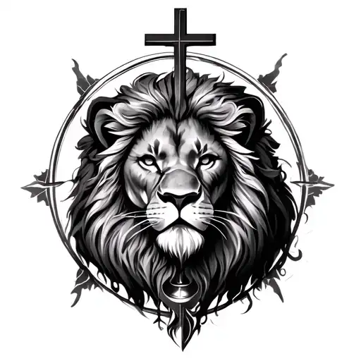 Realisticbarbary Lion Face With Hourglass And Halo Of Cross For Upper Arm