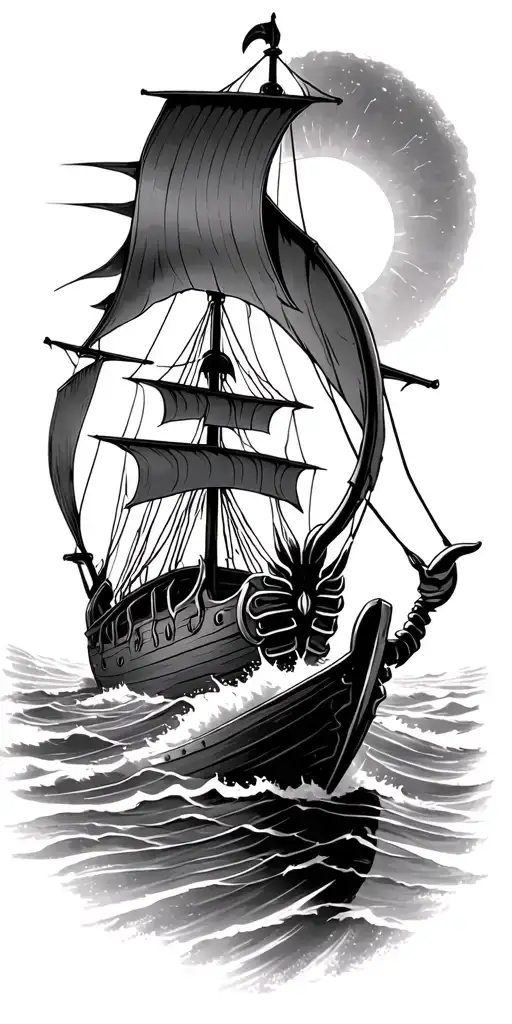 Viking Ship With Scorpion Bow Navigating Through Stormy Waters With Sun Emerging