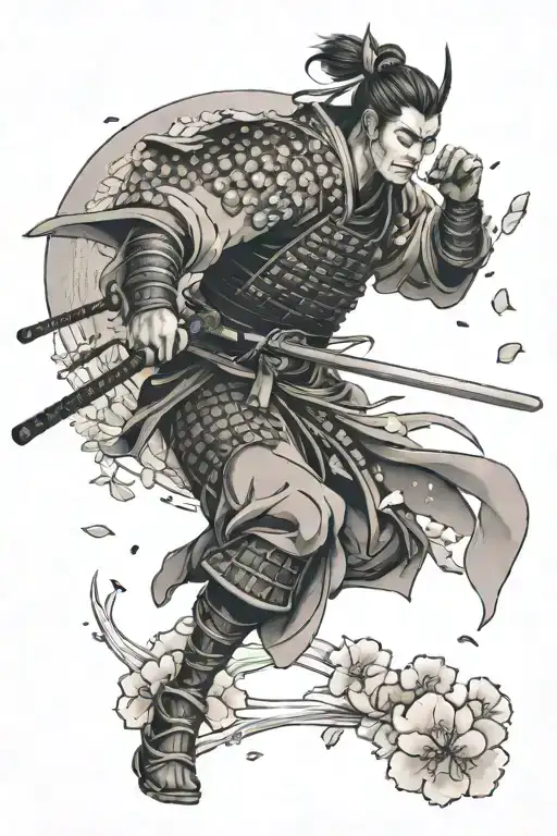 Samurai Warrior Surrounded By Falling Sakura Petals