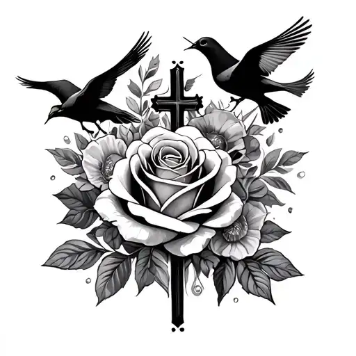 Own Desition Making With Cross Surrounding With Rose Flower And Free Birds