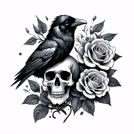 Crow And Skull And Roses