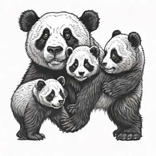 4 Baby Pandas Being Defended By Adult Grizzley Bear