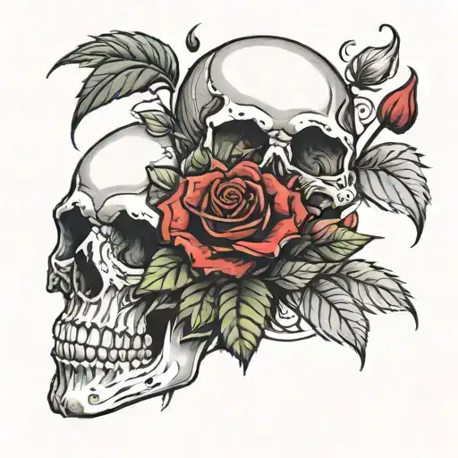Skull Sitting On A Red And Black Rose With Green Leaves