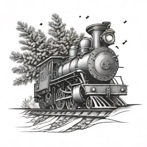 Fine Line Train Under Christmas Tree Tattoo Design