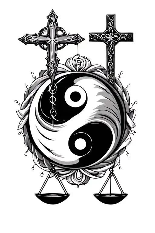 Ying Yang Symbol Intertwined With Libran Scales And Christian Cross
