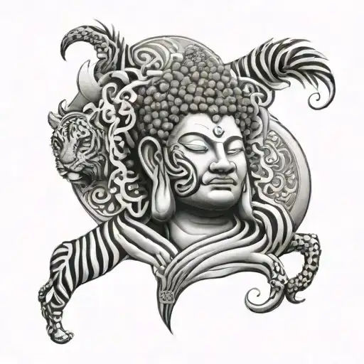 Quarter Sleeve Buddha Mixed With Lion And Zebra With Peace Japanese Symbol