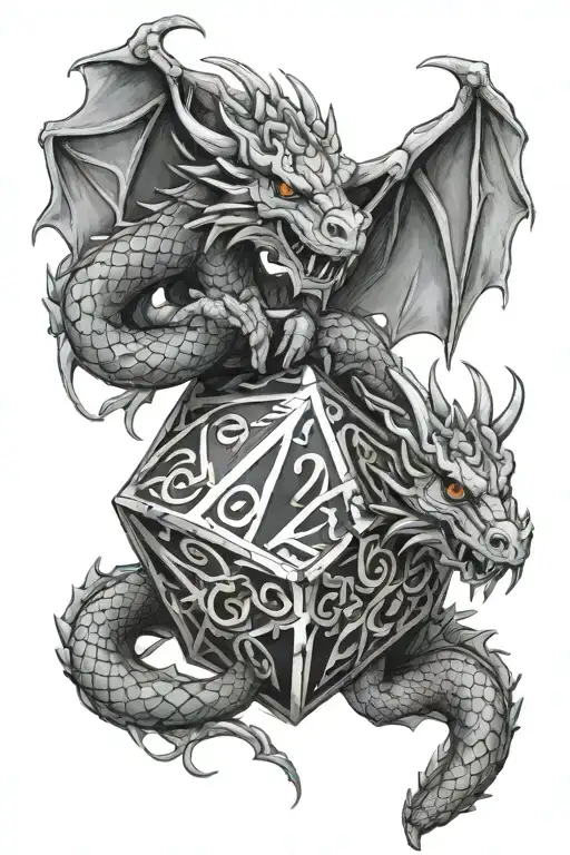 Twin Dragons Mirrored Holding A D20 Dice Intertwined