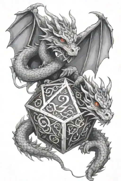 Twin Dragons Mirrored Holding A D20 Dice Intertwined