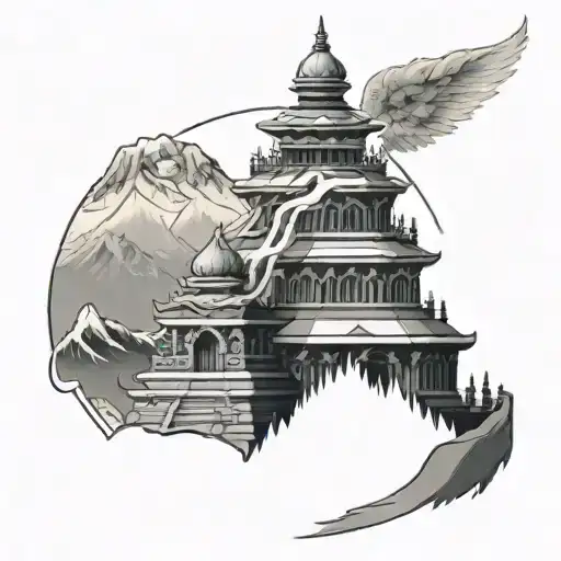 Nepalese Tattoo With Everest In The Background And A Temple In The Front