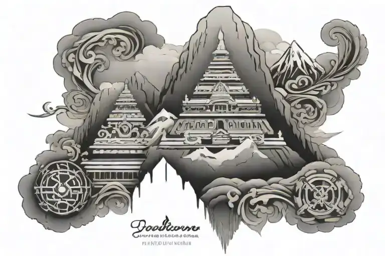 Nepalese Tattoo With Everest In The Background And A Temple In The Front