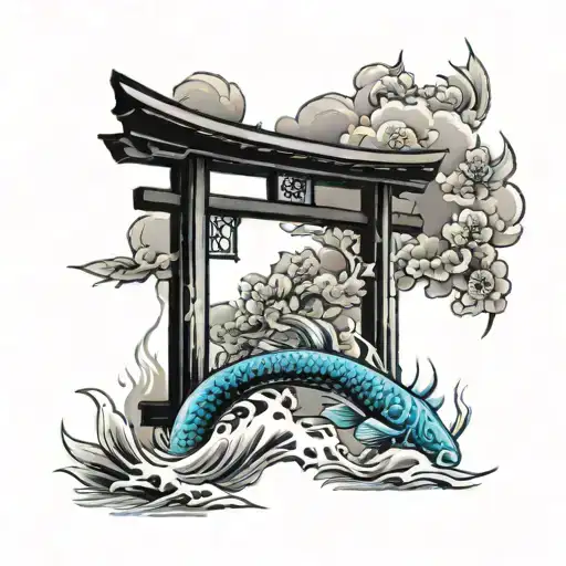 Japanese Torii In Blue Flames With Two Koi Fish Swimming Nearby