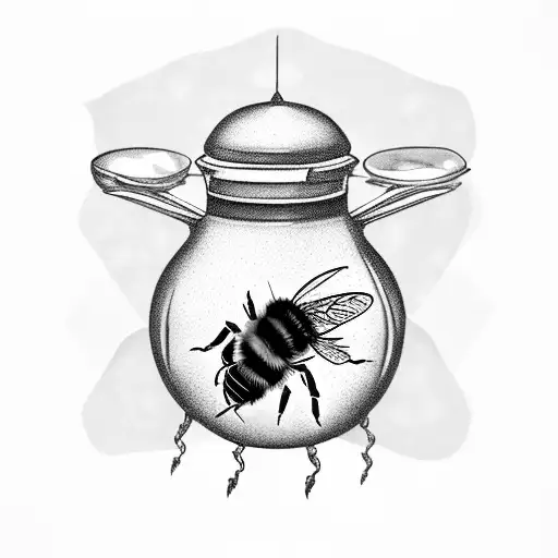 A Black And Grey Honey Jar With A Bee Buzzing Around It