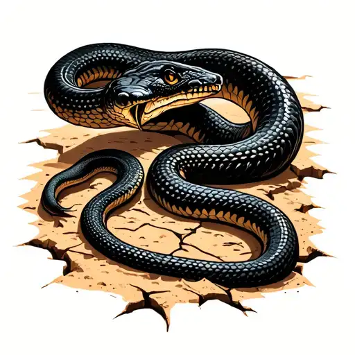 A Stylized Black Mamba Snake Is Spirally Screwed Around A Cracked Sand Watch And The Sand Floating