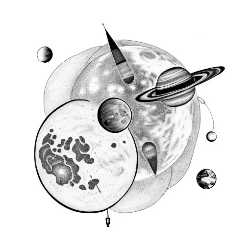 A Black-grey Tattoo Of A Cosmic Sewing Needle Weaving Through The Phases Of The Moon And Planets