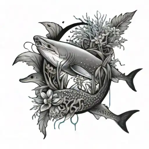 Black Forearm Tattoo With Whale Shark Surrounded By Seaweed And Flora