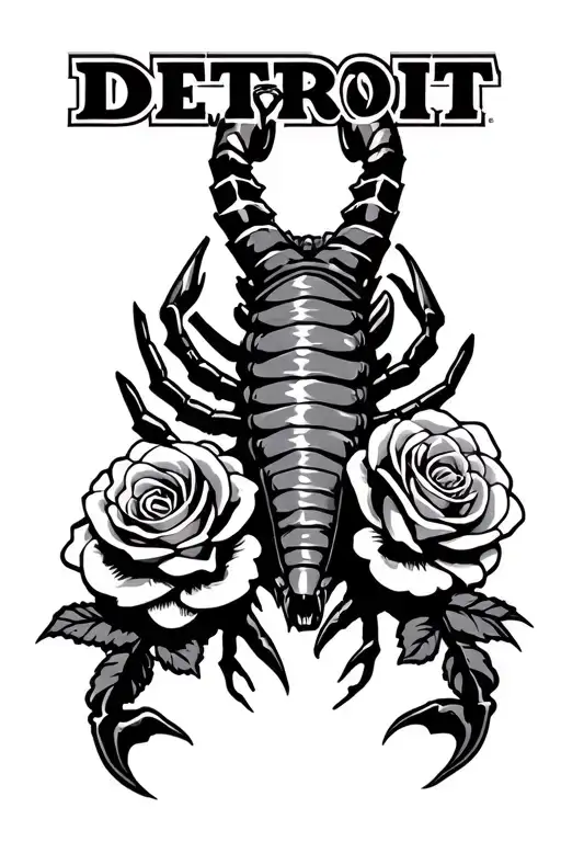 Detroit Logo Combined With Scorpion With Two Roses And Drama Masks