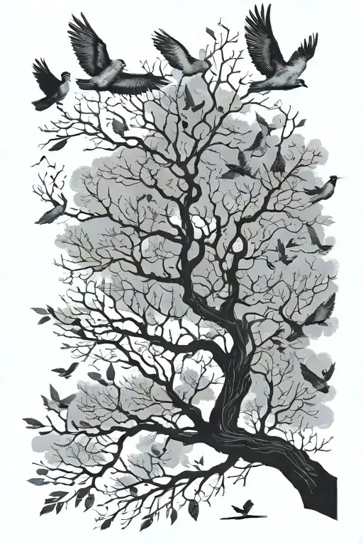 Leafless Tree With Doves Flying