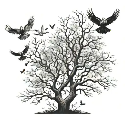 Leafless Tree With Doves Flying