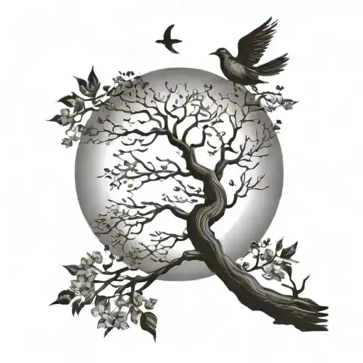 Leafless Tree With Moon And Doves Flying Towards