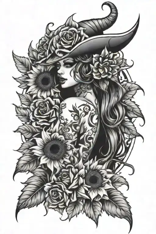 Sexy Demon Girl With Roses And Sunflowers