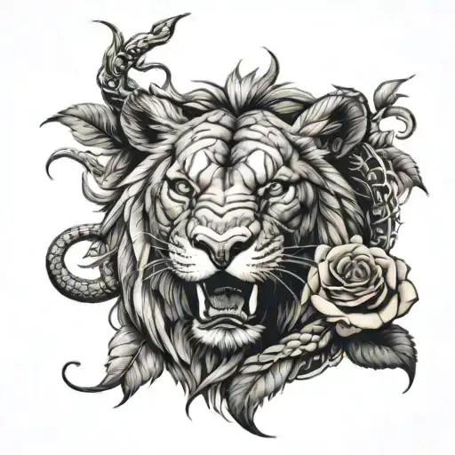 Mamba Snake Wrapped Around Lion Portrait Intertwined With A Rose Flower