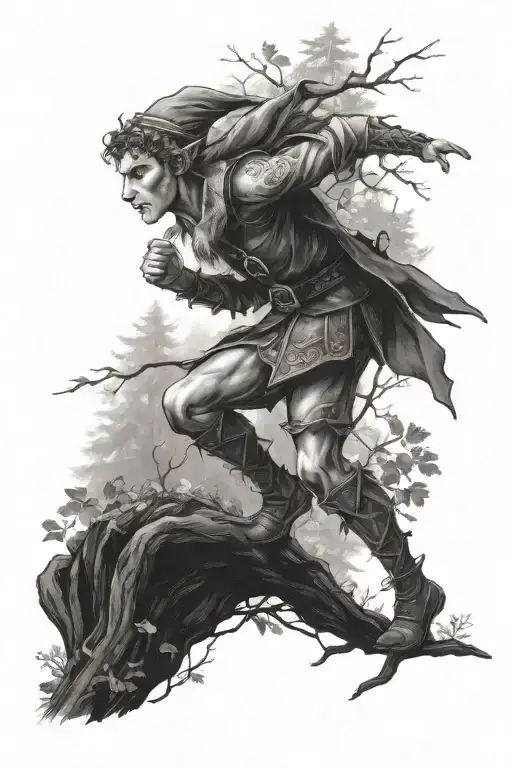 Elf In The Forested Background With Der Running In The Forest