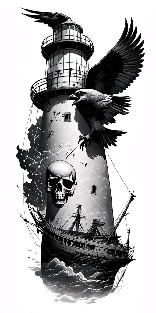Lusitania Wreck Lighthouse Flying Raven Carrying Skull Constellations On Shoulder