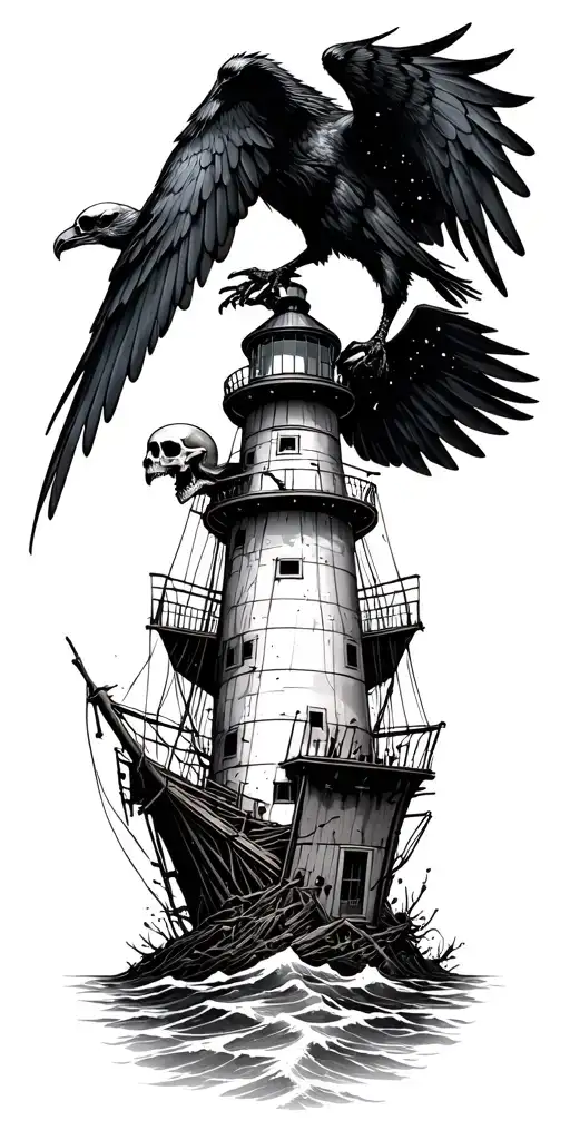 Lusitania Wreck Lighthouse Flying Raven Carrying Skull Constellations At Top