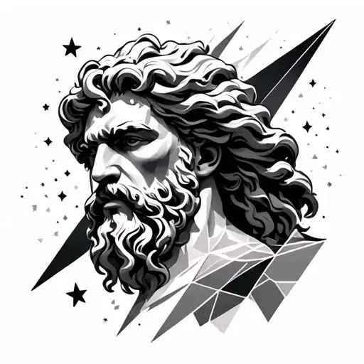 Abstract Tattoo Of Zeus On Leg With Stars And Geometric