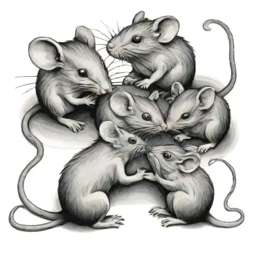 Four Mice Playing Together With A Line