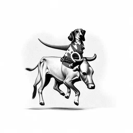 A Dachshund Riding A Horse With A Cow As Their Companion