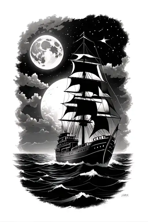 Prirate Ship With Moon Rising