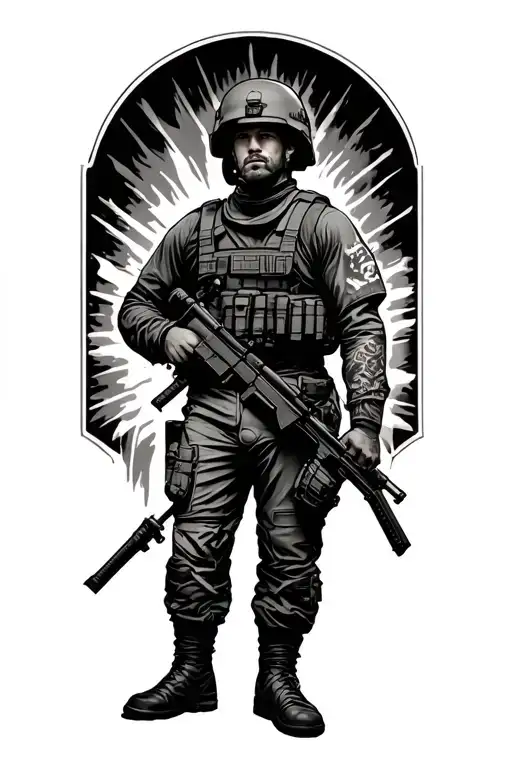 Modern Soldier Standing Proudly Display Tattoos Style