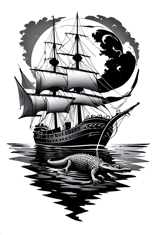 Prirate Ship With Moon Behind Ship And Aligator In The Water