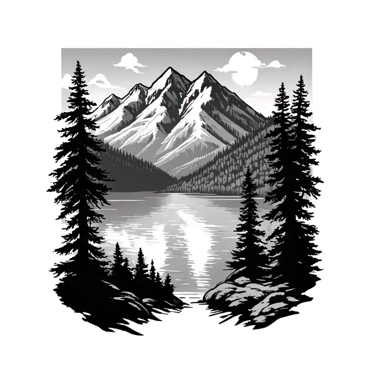 Mountain Outline With Trees And A Lake In The Foreground