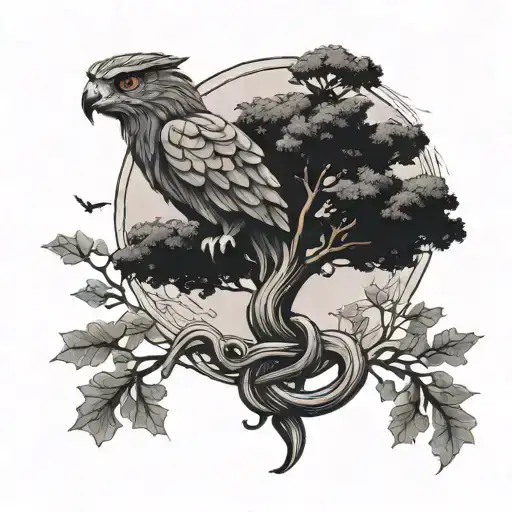 Rod Of Asclepius Oak Tree With Cedar Tree Twists Around Like Snake With Owl