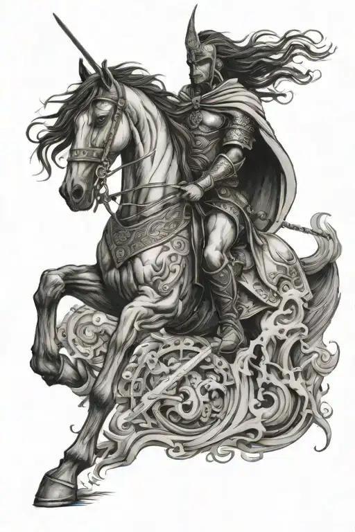 Kneeling Warrior With Sword And Cape Horse And Smoke