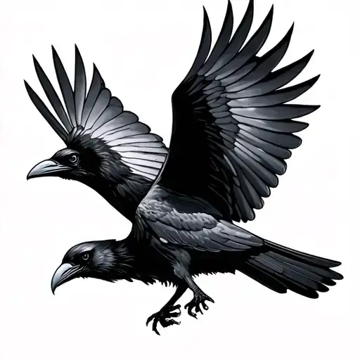 Raven Flying Next To A Dove Flying
