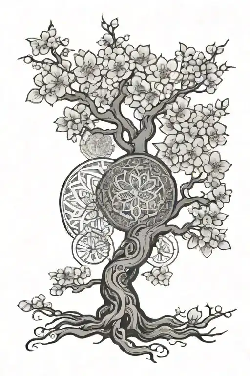 Cherry Blossom Tree With Mandala Design In The Background